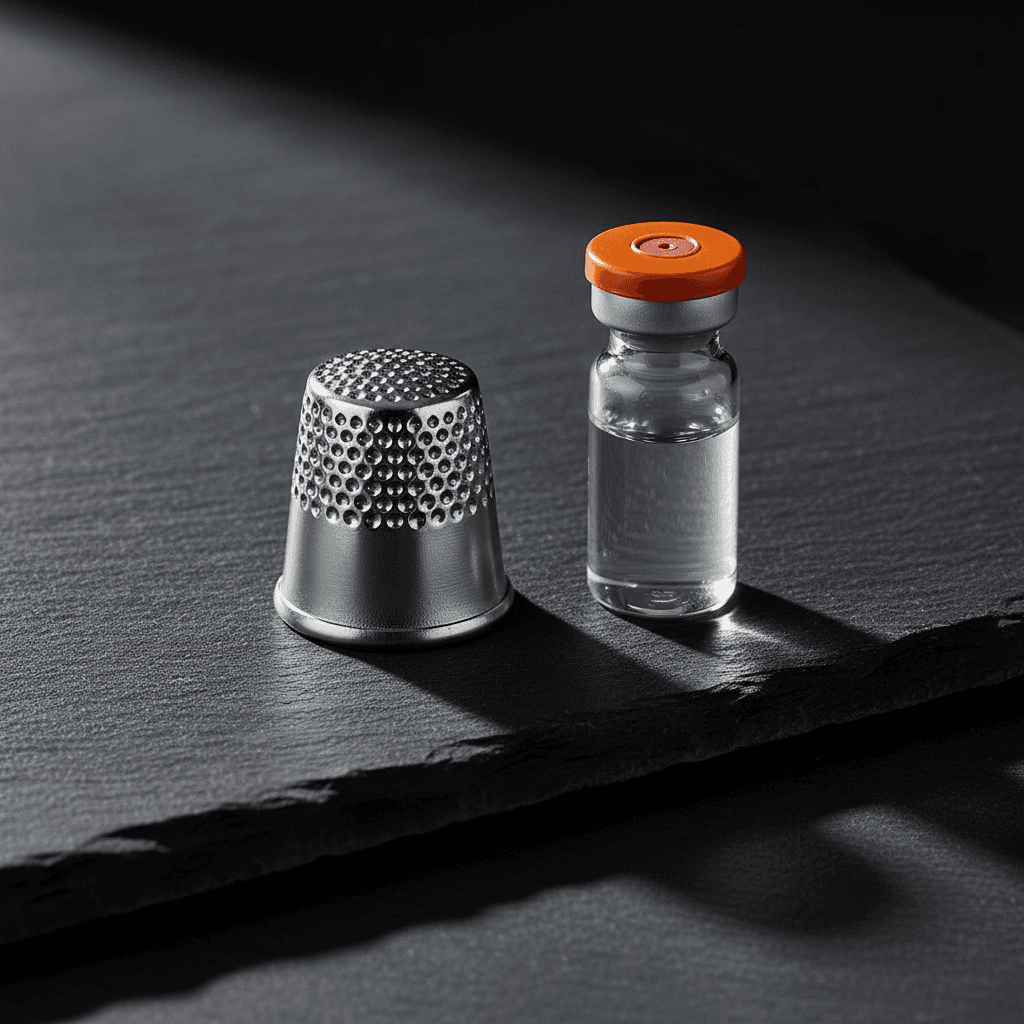 Silver metallic thimble beside a minimalist glass medical vial with an orange cap on a dark slate surface
