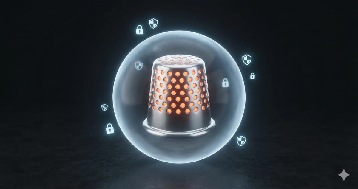 A thimble enclosed in a glowing protective shield with lock and security icons, representing HIPAA-compliant patient data protection
