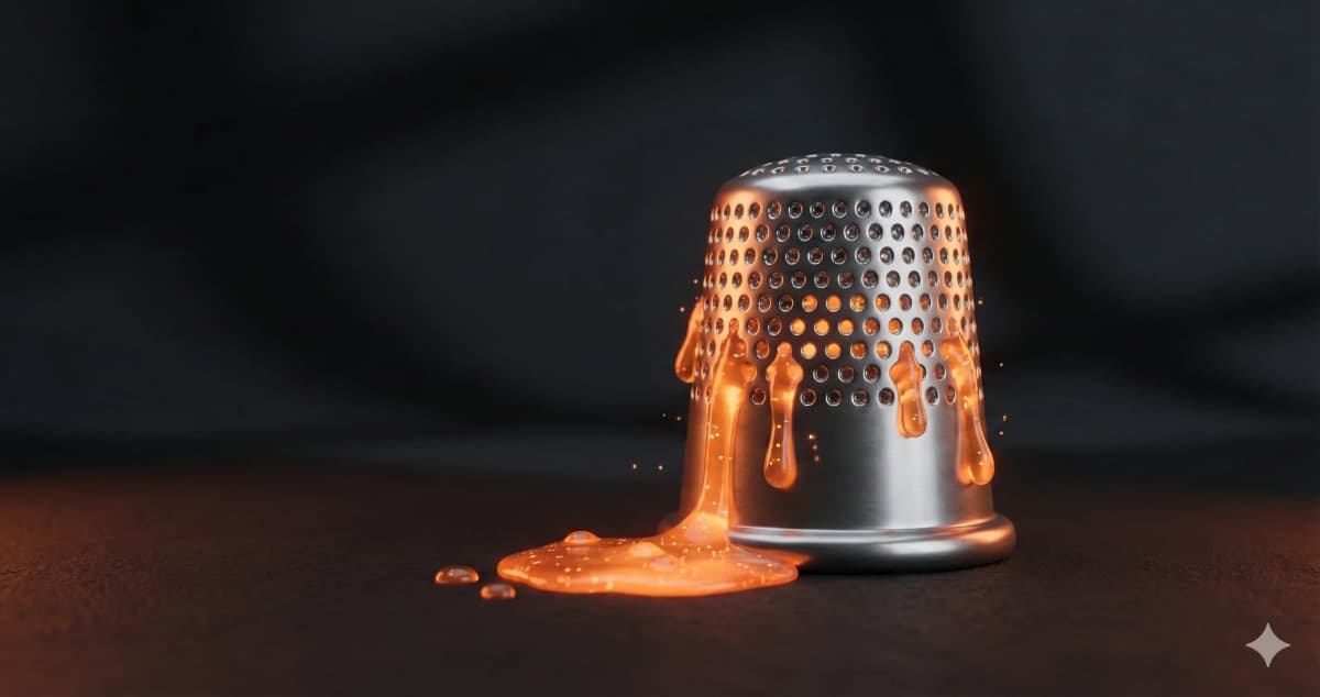 A silver thimble with glowing orange liquid leaking through its perforations, symbolizing lost telehealth conversions